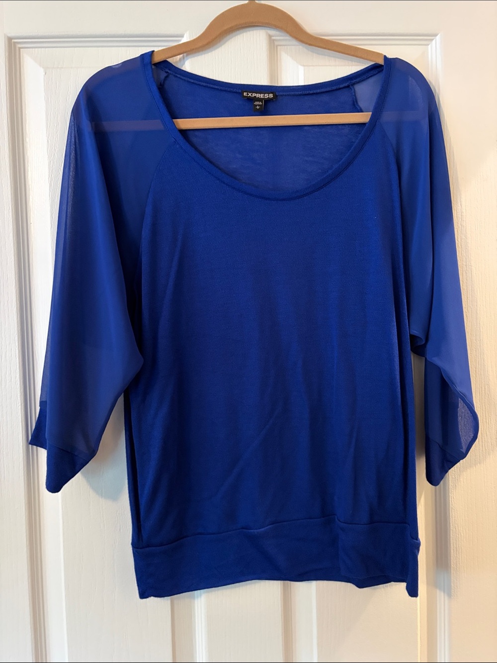 Express Women's Cobalt Blue Sheer Sleeve Scoop Neck Top